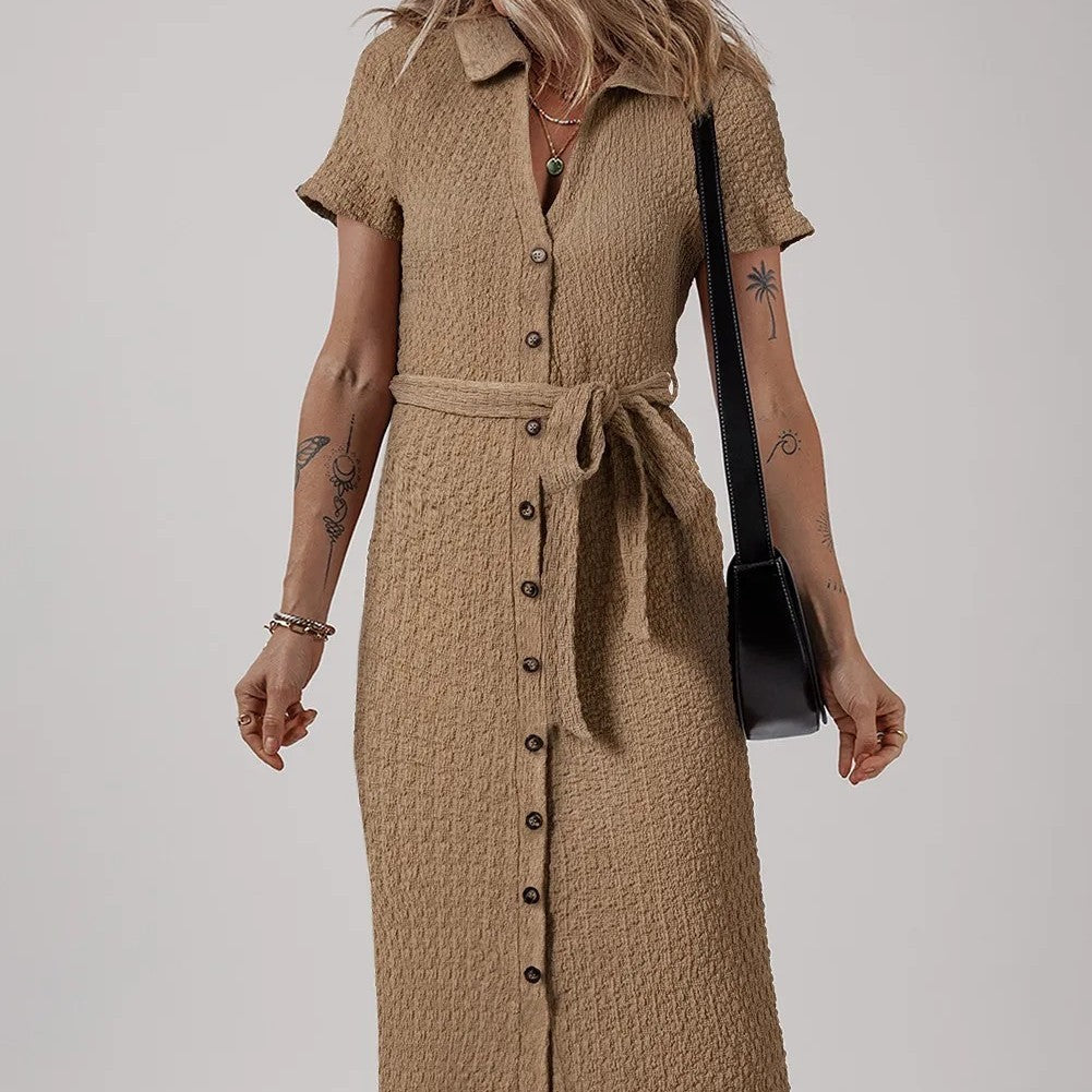 Buckskin Short Sleeve Textured Button Up Tie Waist Long Dress - kinko