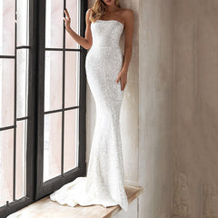 European And American Women's Clothing Slim Fit Fashion Dress Sequins White - kinko