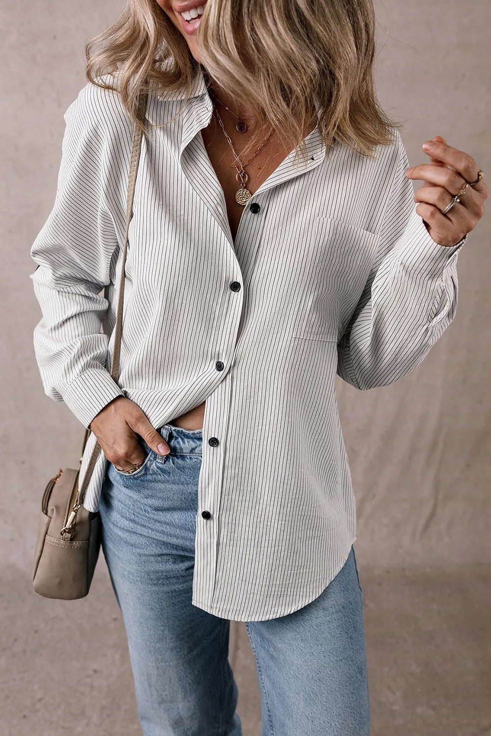 Stripe Roll-tab Sleeve Pocketed Long Shirt - kinko