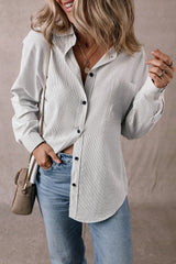 Stripe Roll-tab Sleeve Pocketed Long Shirt - kinko