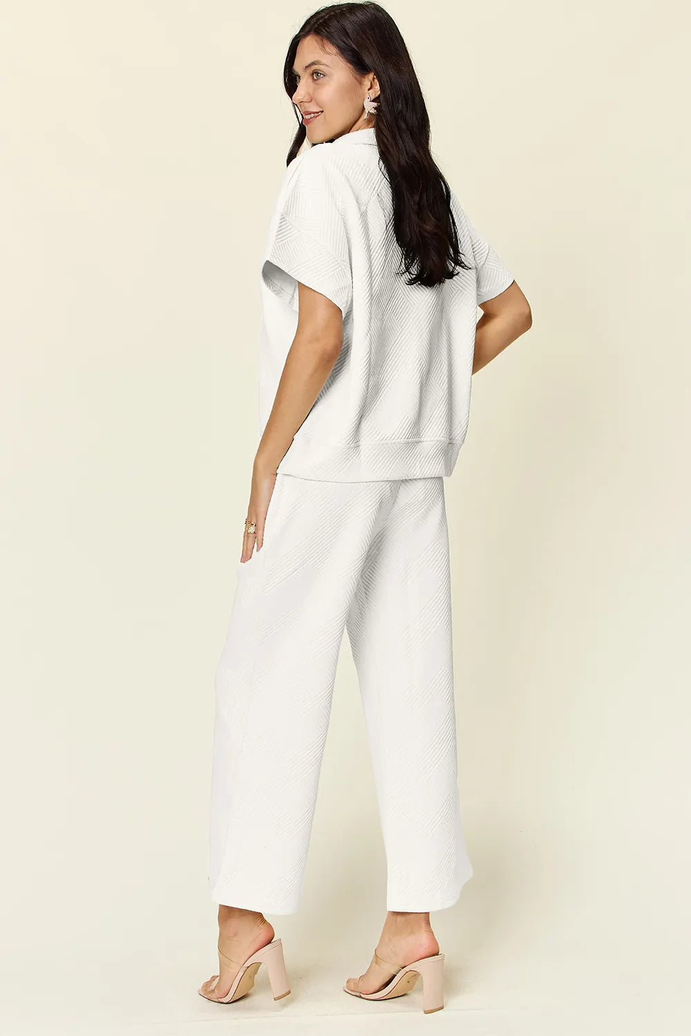 Double Take Full Size Texture Half Zip Short Sleeve Top and Pants Set - kinko