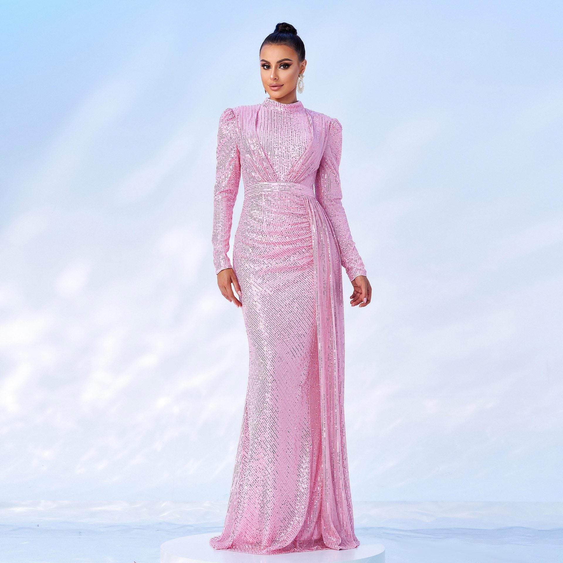 Long Sleeve Round Neck Sexy Slim Long Sequined Banquet Dress - kinko
