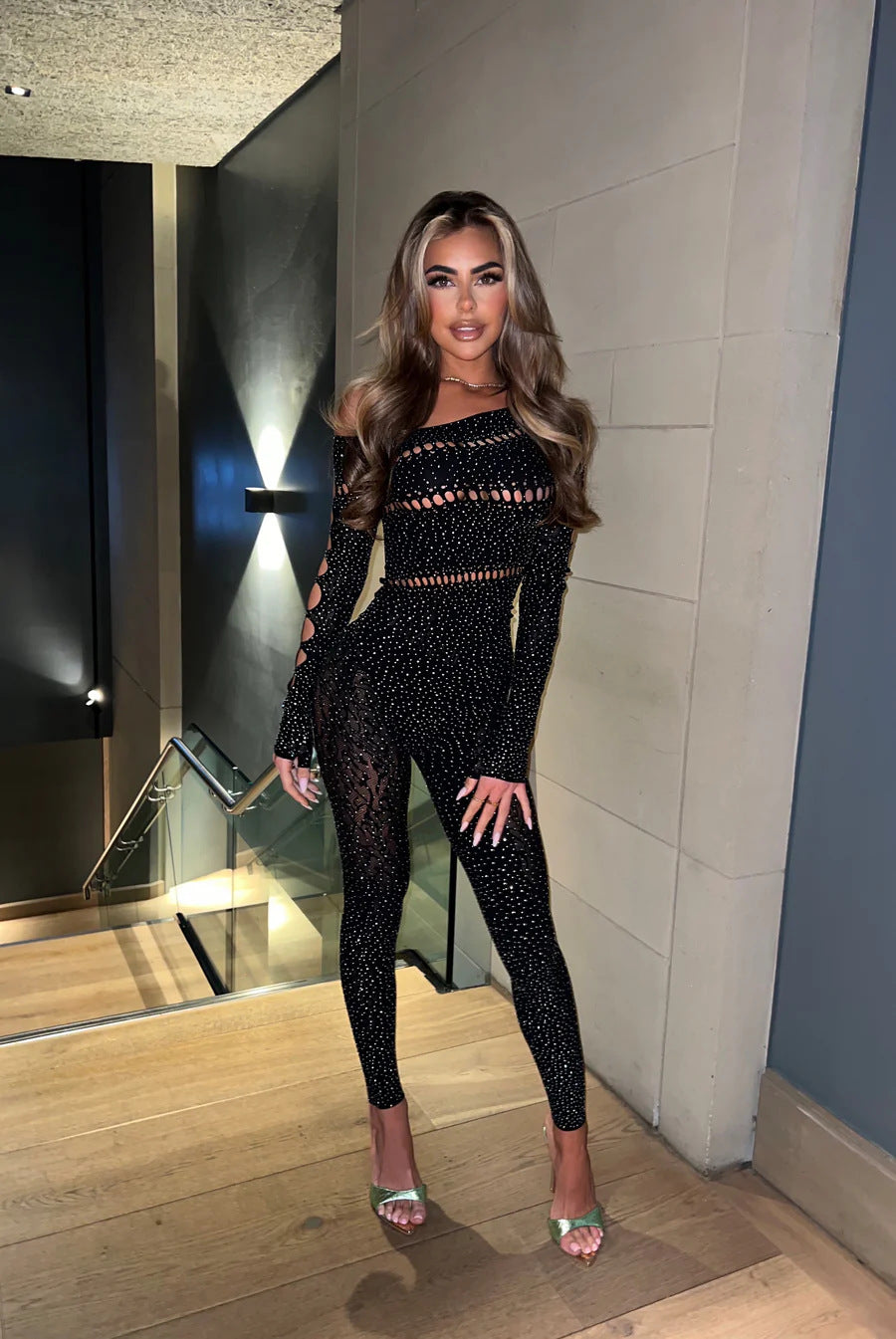 One-piece Long Sleeves Hot Rhinestone Shiny Fishnet Clothes Sexy Lingerie - kinko