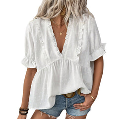 Women's Cut Flower Fur Ball Short-sleeved Lace Shirt - kinko
