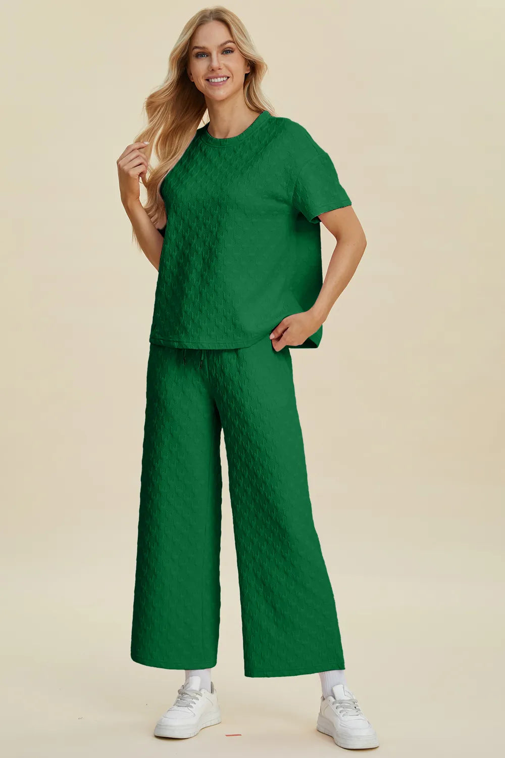 Double Take Full Size Texture Round Neck Short Sleeve Top and Pants Set - kinko