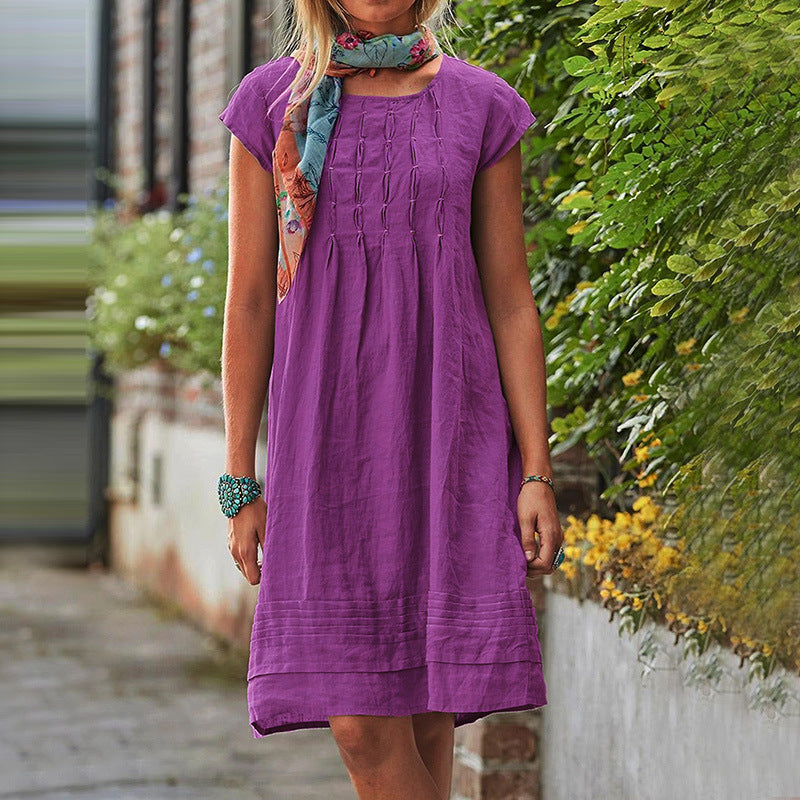 Fashion U-neck Short Sleeve Dress Summer Solid Straight Dresses Womens Clothing - kinko