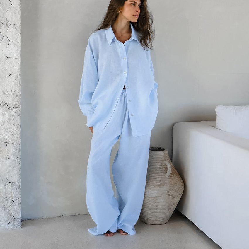Loose Cotton And Linen Breathable Long Sleeves Trousers Two-piece Set - kinko