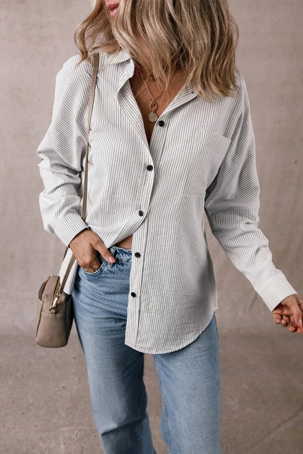 Stripe Roll-tab Sleeve Pocketed Long Shirt - kinko