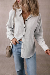 Stripe Roll-tab Sleeve Pocketed Long Shirt - kinko