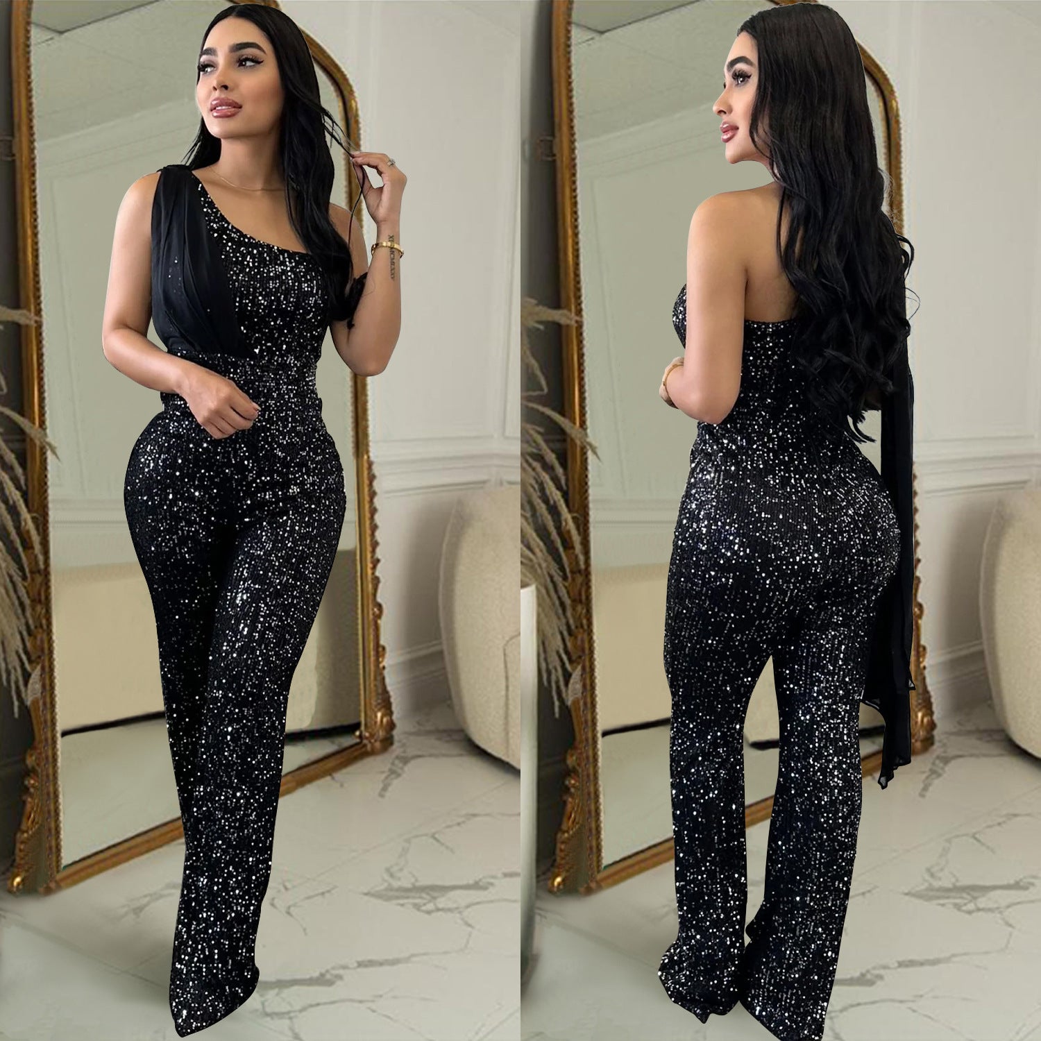 Women's Solid Color Sleeveless One-shoulder Sequined Trousers Jumpsuit - kinko