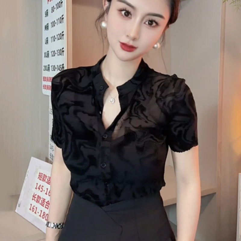 New Summer Black Mesh Short Sleeve Shirt For Women - kinko