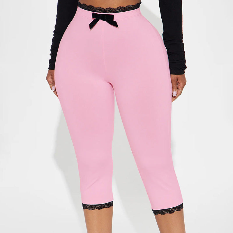Sexy Lace Leopard Print Cropped Tight Straight-leg Pants - kinko