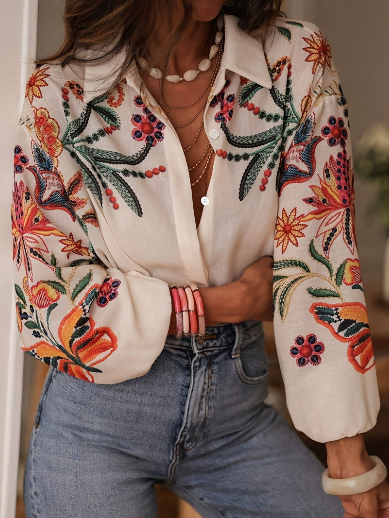 Loose Long Sleeve Printed Shirt Top - kinko