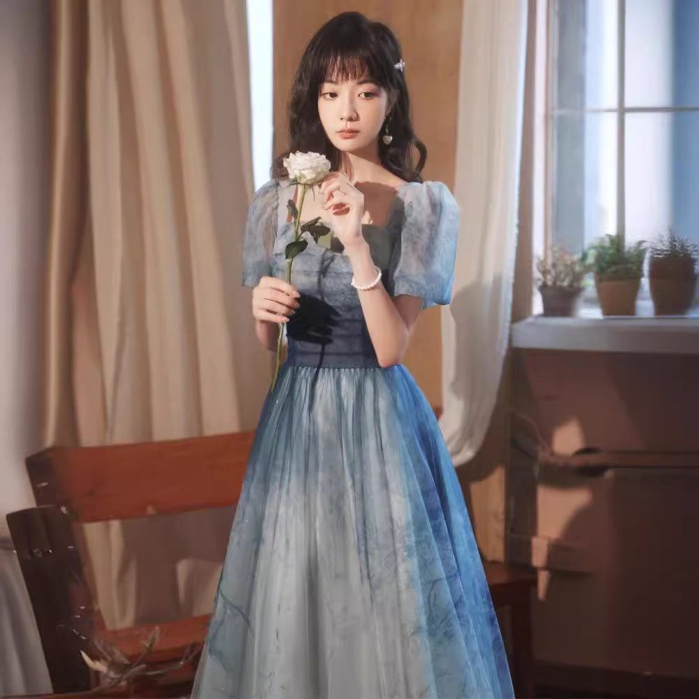Gradient Blue Evening Elegant Socialite Ceremony Performance Banquet Dress - kinko