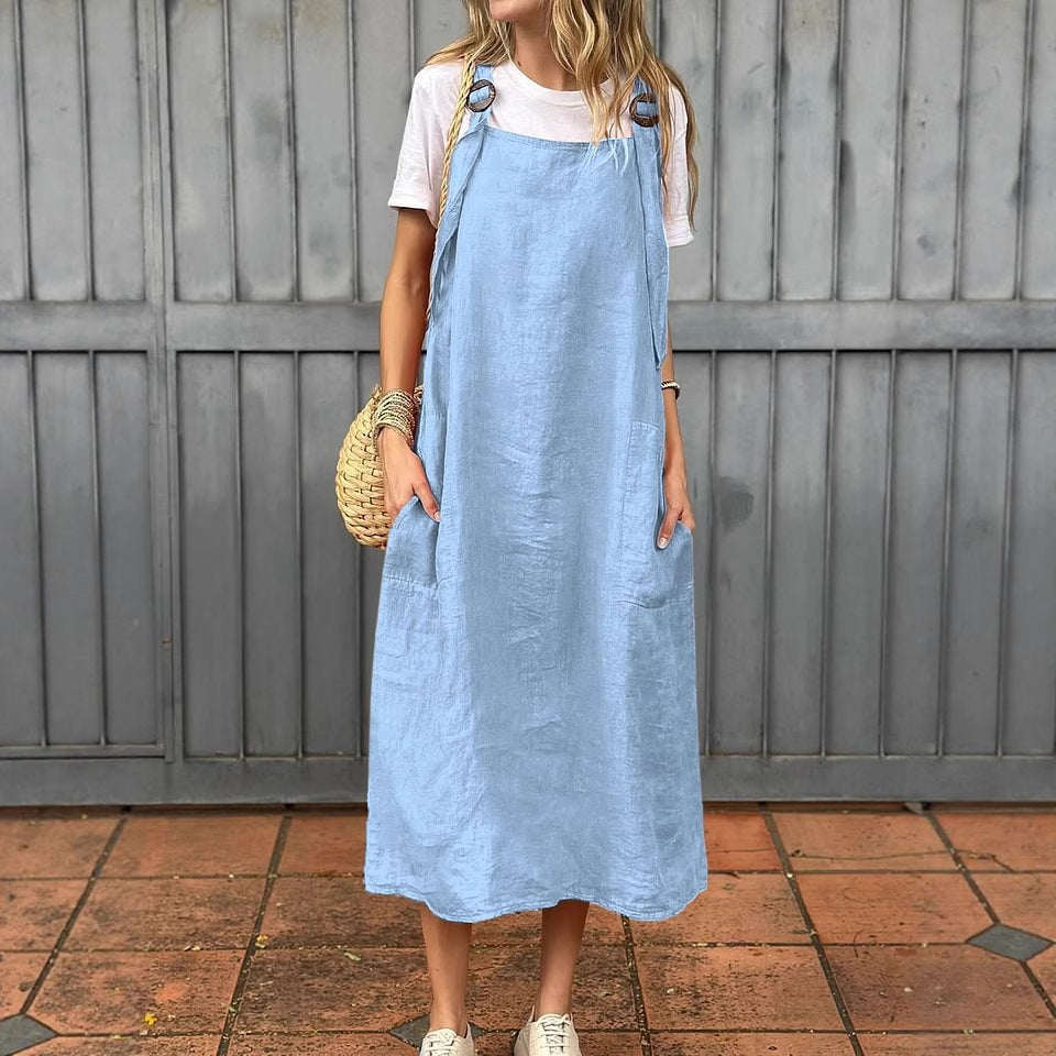 Summer Women's Adjustable Shoulder Strap Casual Cotton And Linen Dress - kinko
