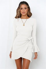 Women's Long Sleeve Dress Ruffle Flared Sleeve Bowknot Waffle Temperament Short Dresses - kinko