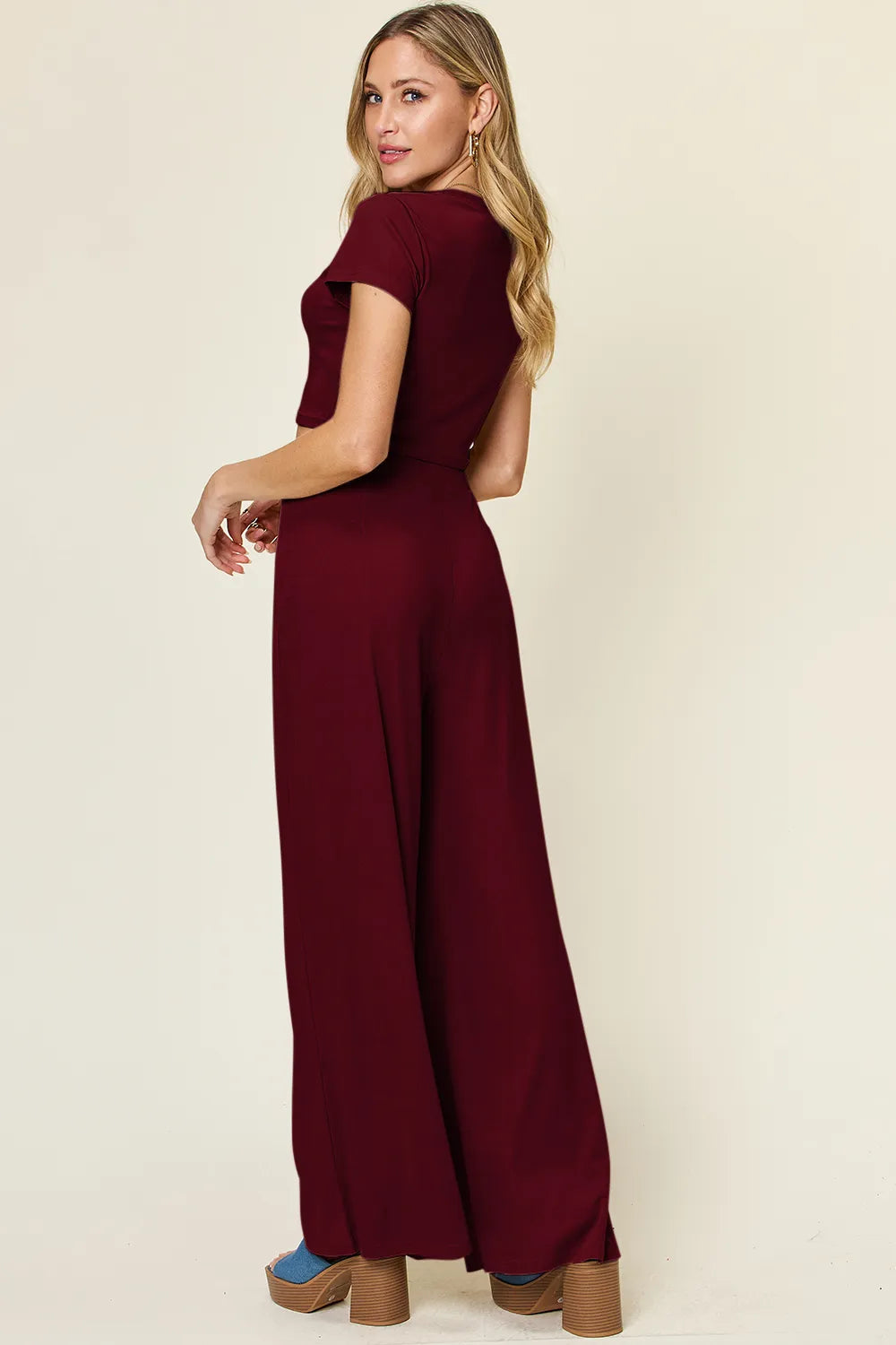 Double Take Full Size Round Neck Top and Pants Set - kinko