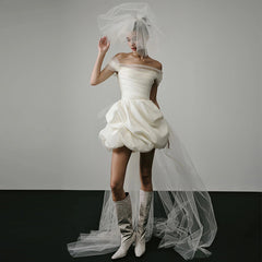 Off-shoulder Light Wedding Dress White Short - kinko