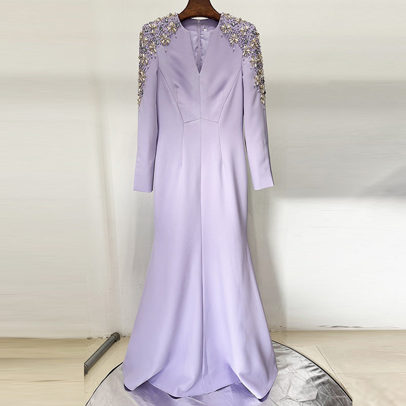 Heavy Industry Beads Diamond Front Slit Small Trailing Dress - kinko
