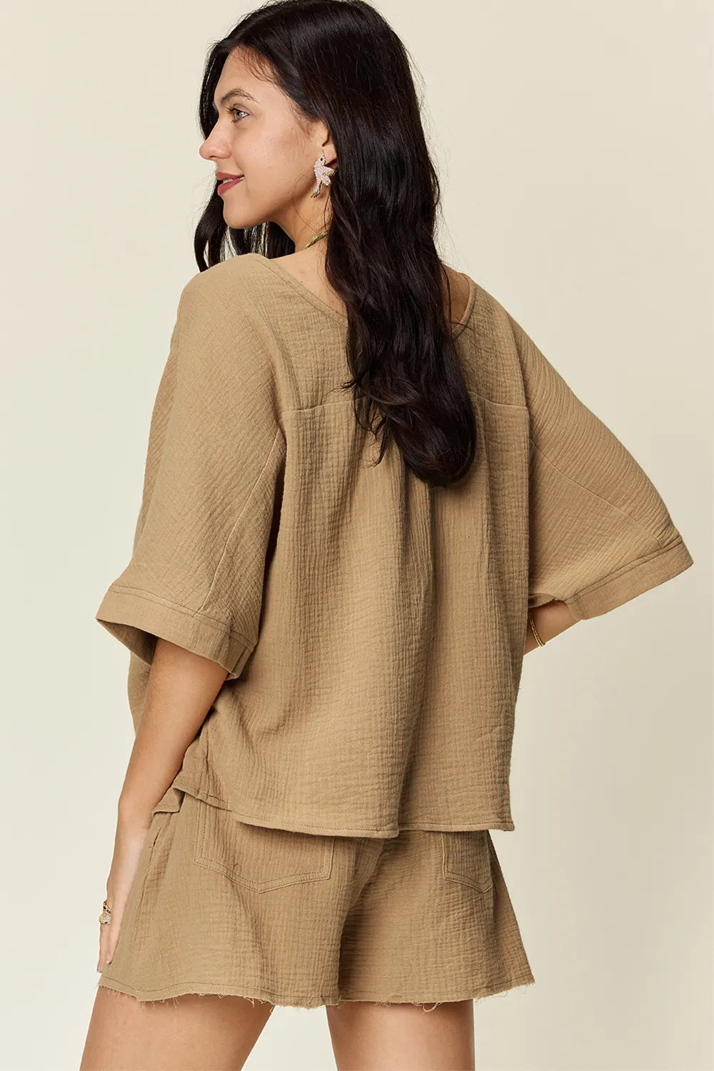 Double Take Texture Half Sleeve T-Shirt and Drawstring Shorts Set - kinko
