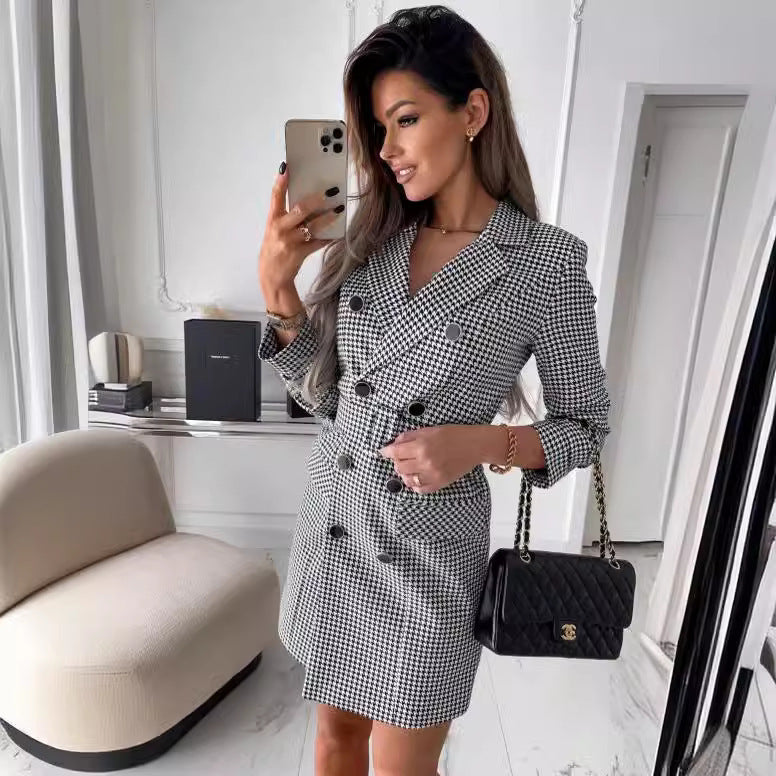 Fashion Printing Plaid Blazer Dress Women - kinko