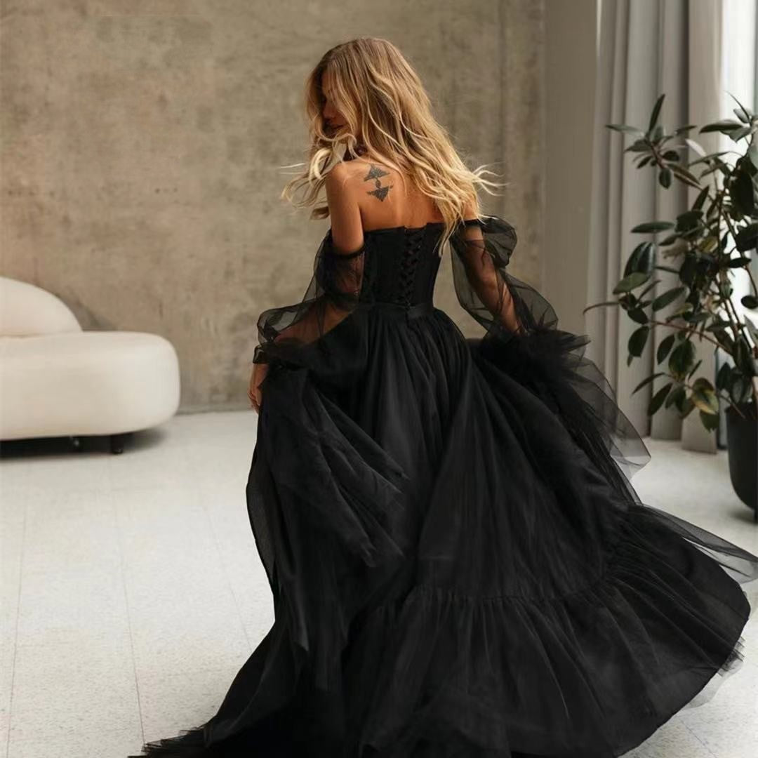 Women's Long Sleeve Transparent Lace Black Wedding Dress - kinko