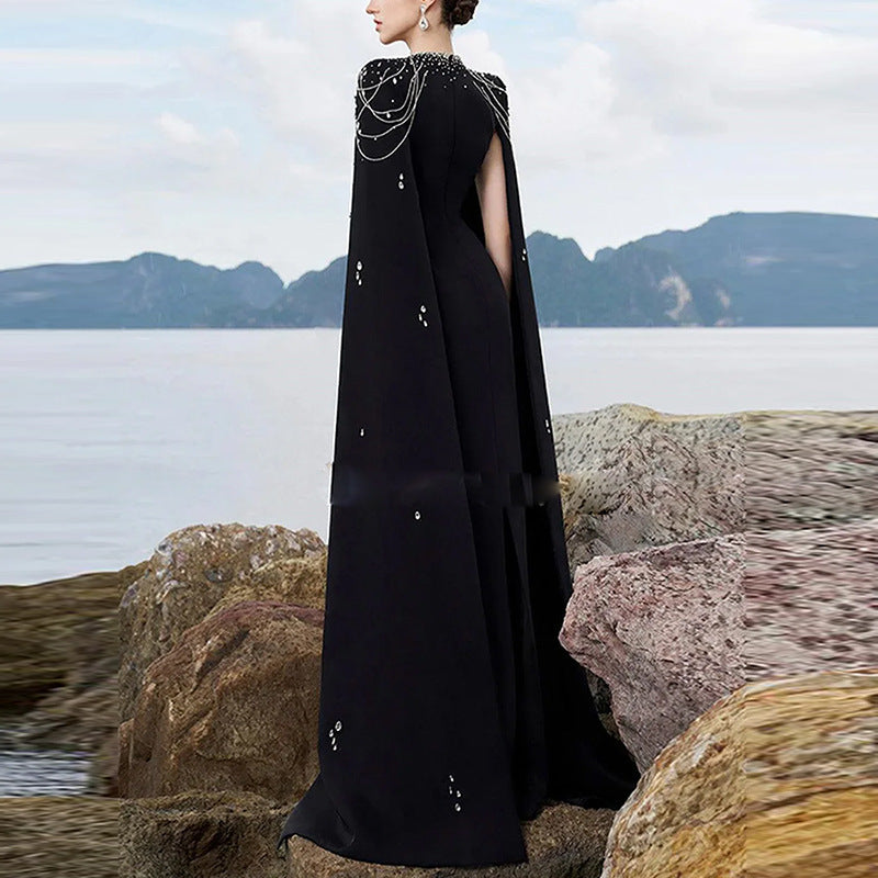 Beaded Lanyard Shawl Sleeve And Floor Long Dress - kinko