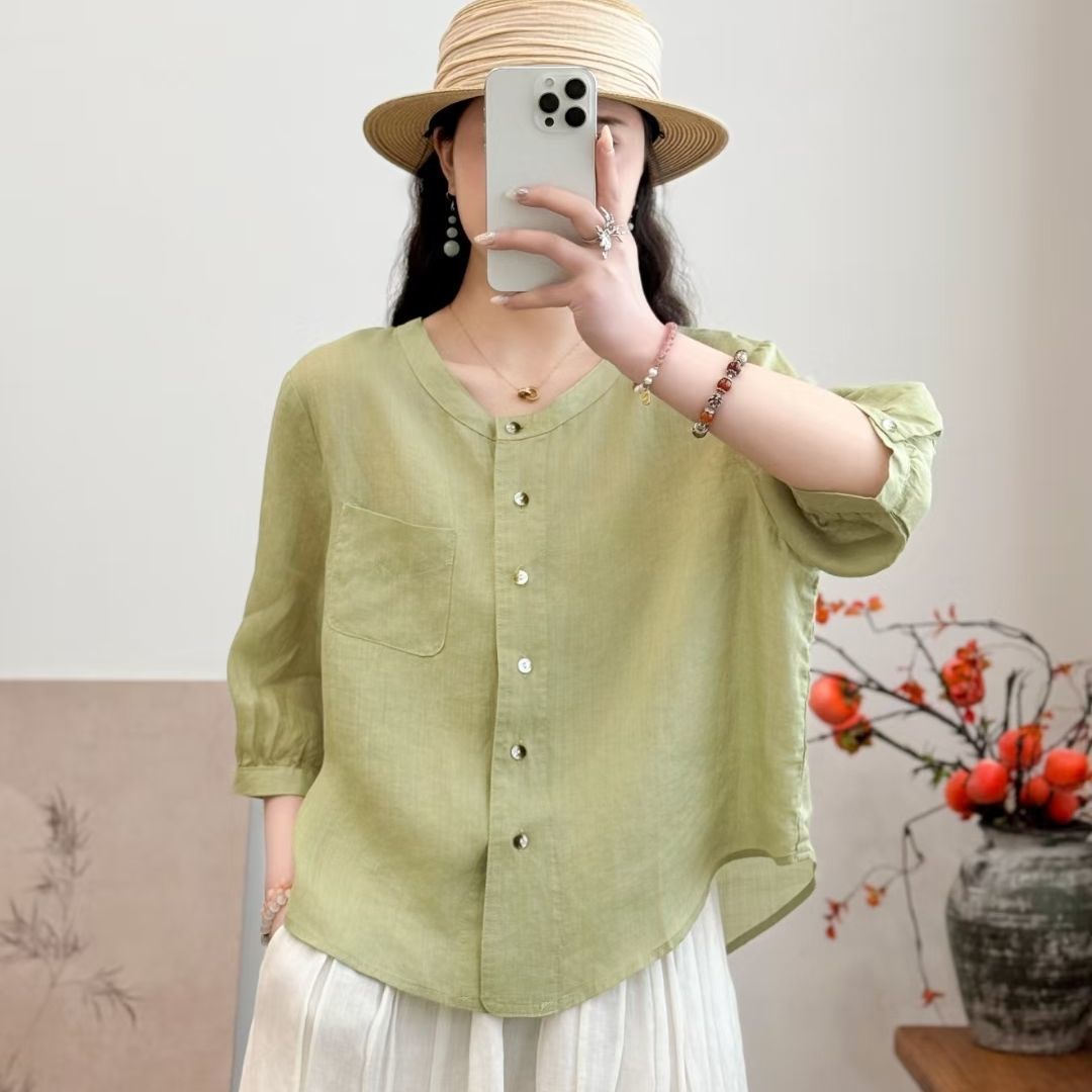 All-matching Western Style Cotton And Linen Short Sleeve Shirt - kinko