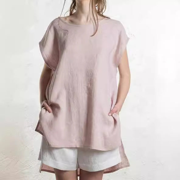 Round Neck Front Short Back Long Short Sleeve Top For Women - kinko