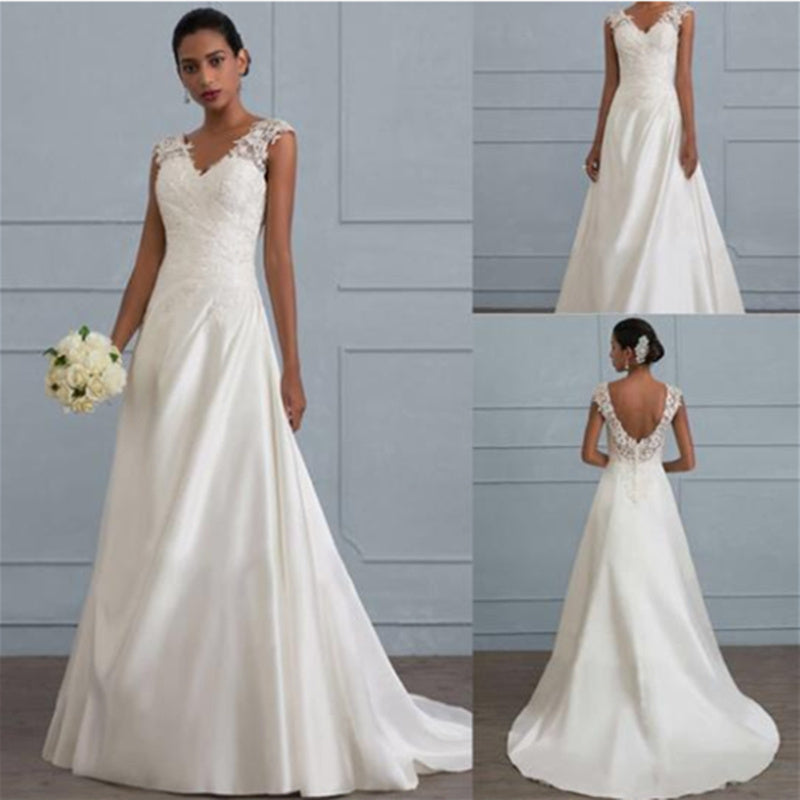 Autumn new white temperament lace dress European wedding bridesmaid backless low collar large size dress long skirt - kinko