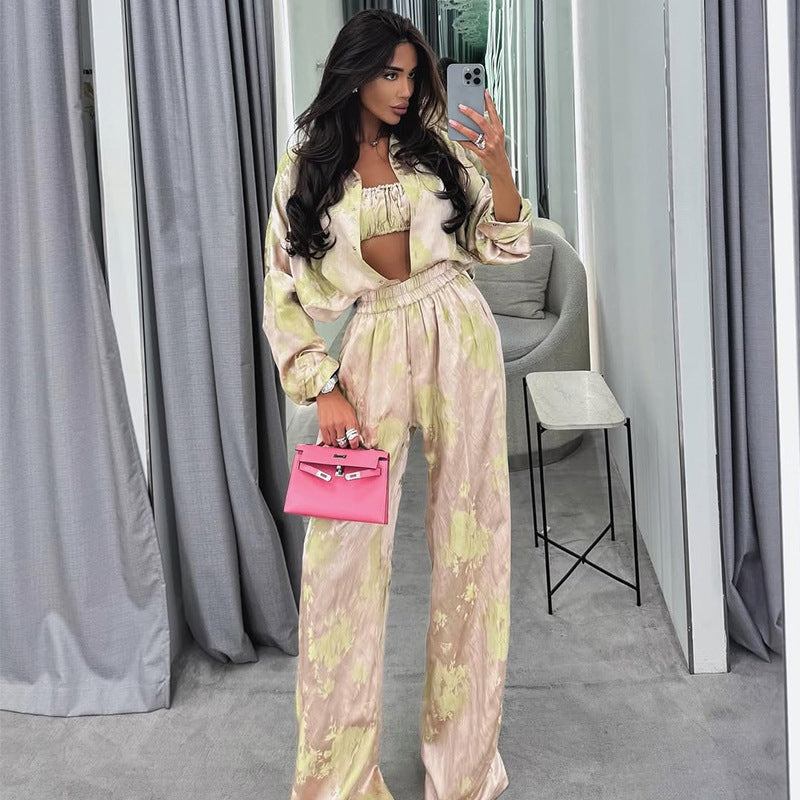 Lapel Long Sleeve Shirt Tube Top Wide Leg Pants Three-piece Set - kinko