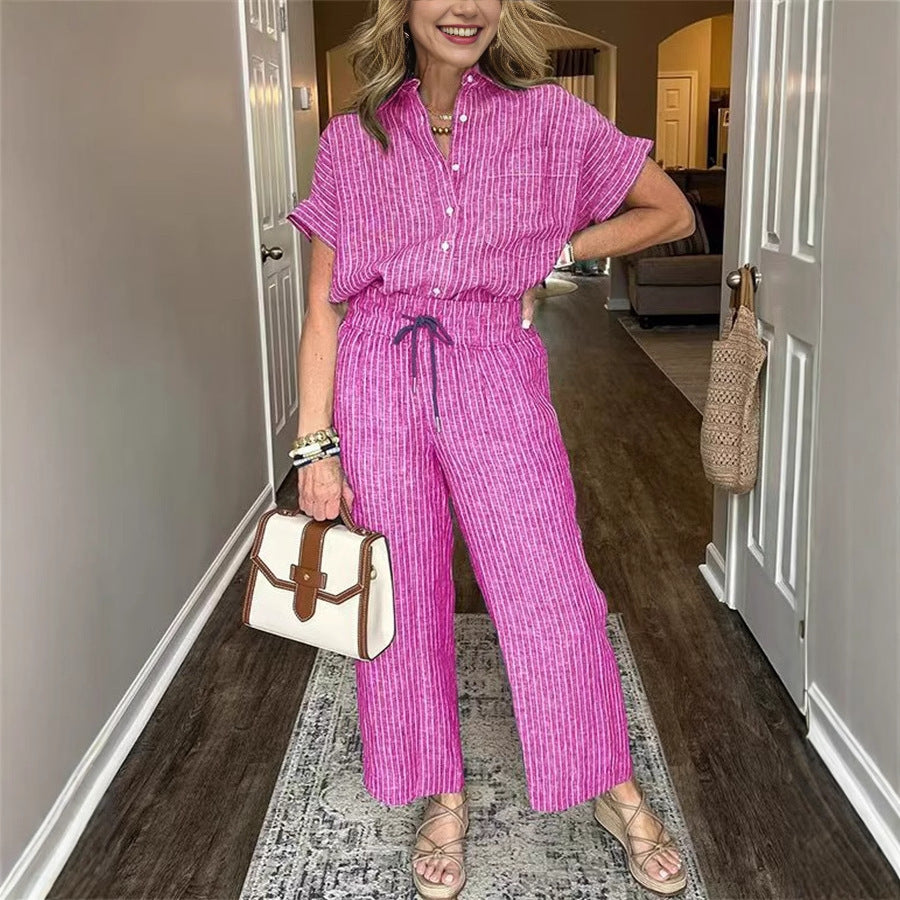 Women's Striped Suit Lapel Short Sleeve Straight Idle Style Trousers - kinko