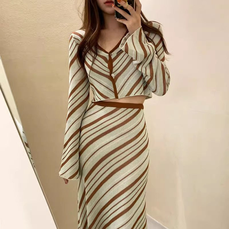 Two Short Knitwear High Waist Skirt Suit Women - kinko