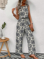Printed Waist Cinching Casual Straight Leg Pants Set - kinko
