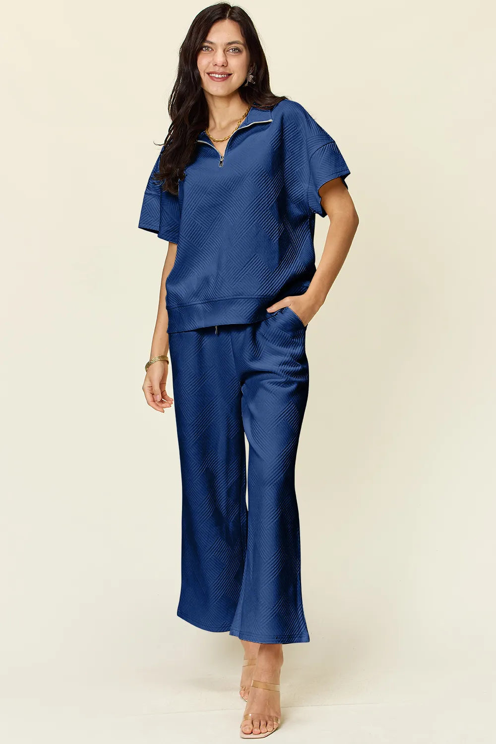 Double Take Full Size Texture Half Zip Short Sleeve Top and Pants Set - kinko