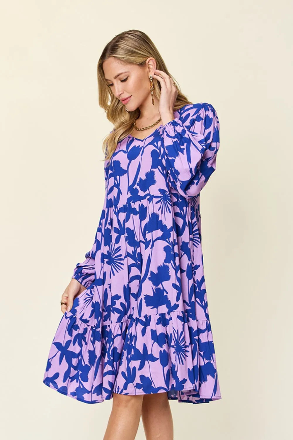 Double Take Full Size Printed Ruffle Hem Dress with Pocket - kinko
