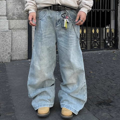 American-style Side Double-oblique Pleated Washed Wide-leg Jeans - kinko