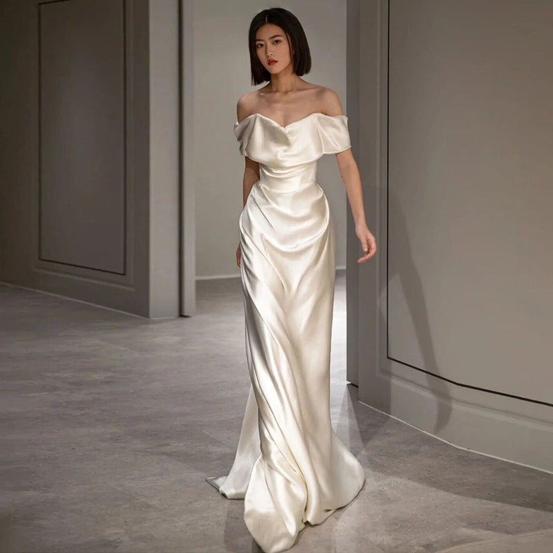 French White Off-shoulder Light Wedding Dress - kinko