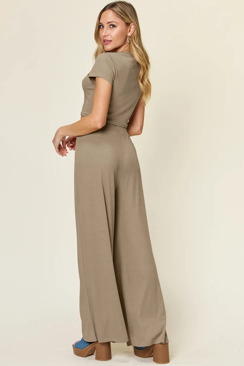 Double Take Full Size Round Neck Top and Pants Set - kinko