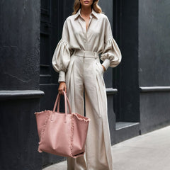 Long-sleeved Shirt Wide-leg Pants Cotton And Linen Two-piece Suit - kinko