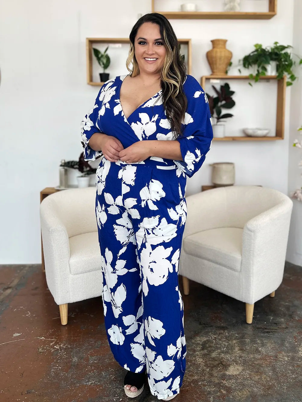 Double Take Full Size Printed Tie Back Wide Leg Jumpsuit - kinko