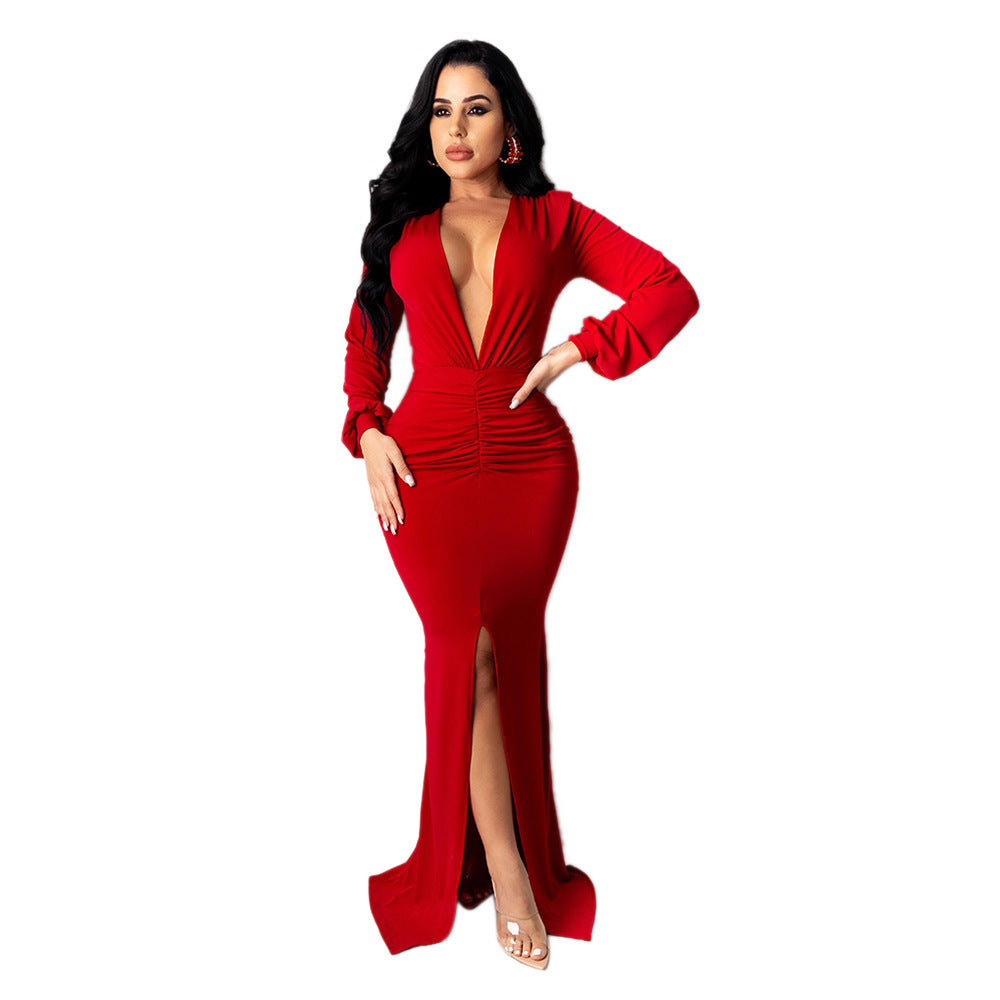 Women's Large V-neck Slim-fit Nightclub Evening Dress - kinko