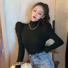 Design Sense Niche Puff Sleeves Slimming Fall Winter Stretch Sweater Women