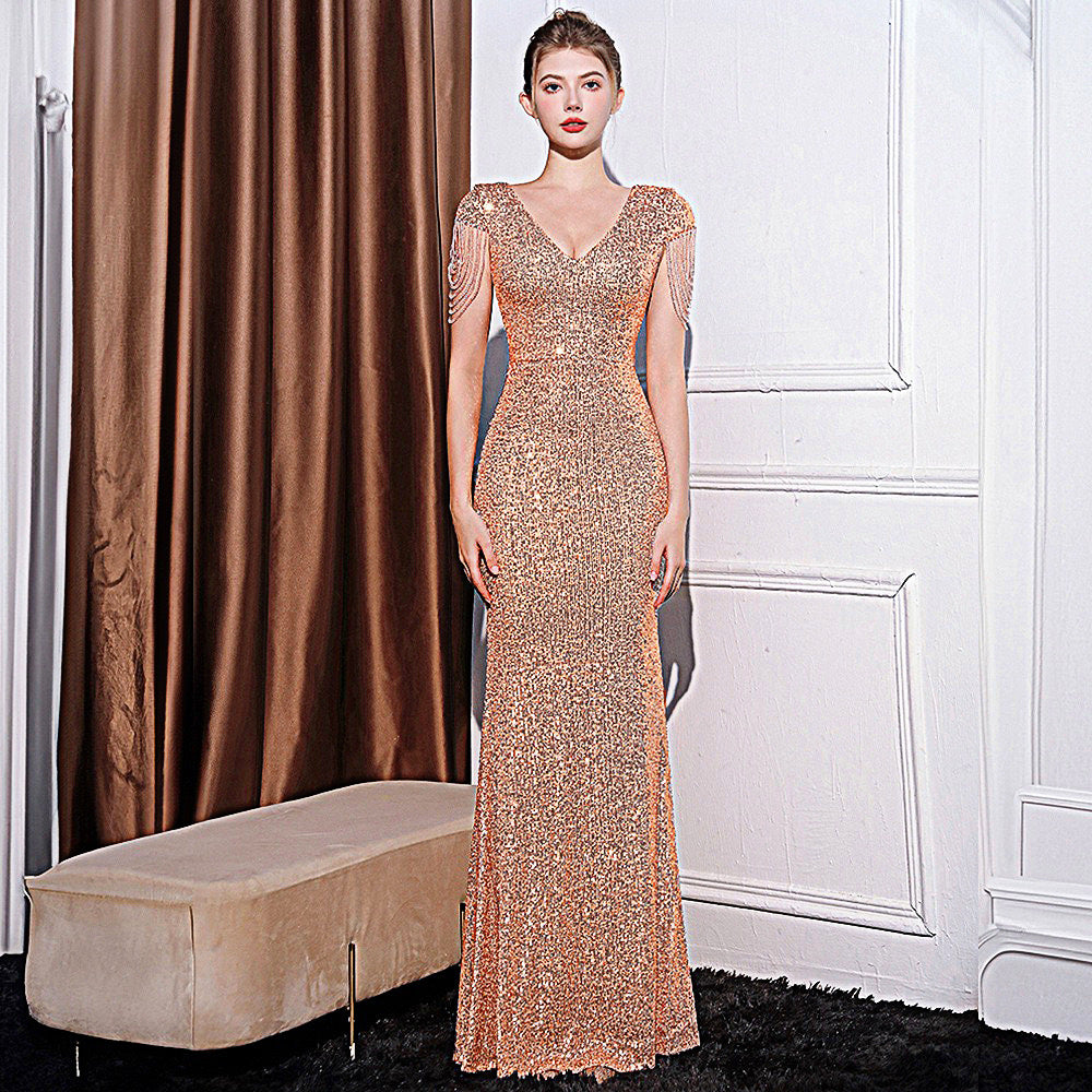 Sequined Slim Fit Slimming Long Dress Women - kinko