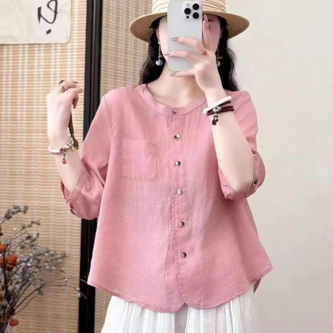 All-matching Western Style Cotton And Linen Short Sleeve Shirt - kinko