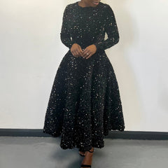 Women's Round Neck Long Sleeve Pure Color Sequins Mid-length Formal Dress - kinko