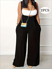 Plus Size Solid Color Pocket Overalls Casual Women's Pants - kinko