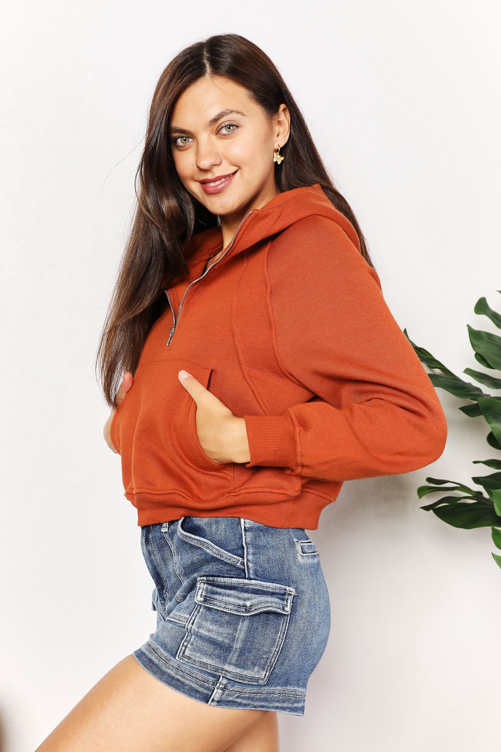 Double Take Half-Zip Long Sleeve Hoodie - kinko