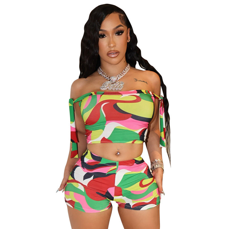 Color Floral-print Off-shoulder Tied Top Tight Shorts Two-piece Suit - kinko