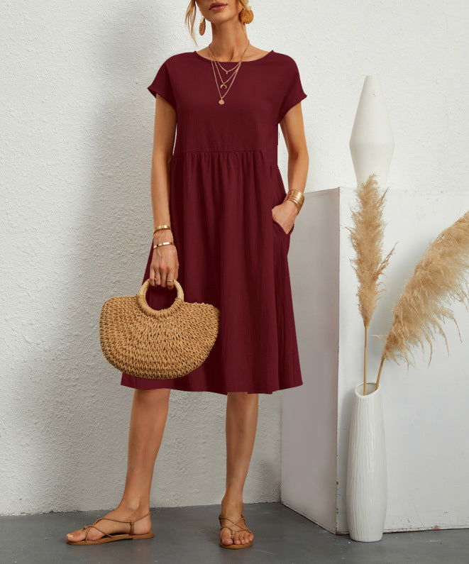 Summer Short-sleeved Dress With Pockets Fashion Solid Round Neck A-line Dresses For Women Clothing - kinko
